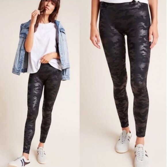 SPANX Faux Leather Camo Legging S High Waist Stretchy Disco Pants Black Slimming - Picture 2 of 10